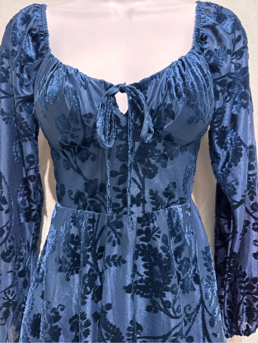 Y2K Babydoll Blue Floral Burnout Velvet Romantic Layered Whimsigoth Mini Dress 0